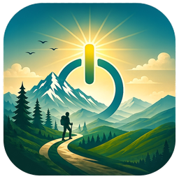 TourOn app icon: a hiker on a mountain trail beneath a rising sun shaped like a power symbol